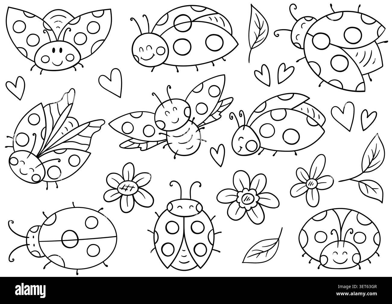 Set di coccinelle monocromatiche in varie pose con fiori, foglie e cuori. Questi insetti luminosi con volti sorridenti sono perfetti per i texti dei bambini Illustrazione Vettoriale