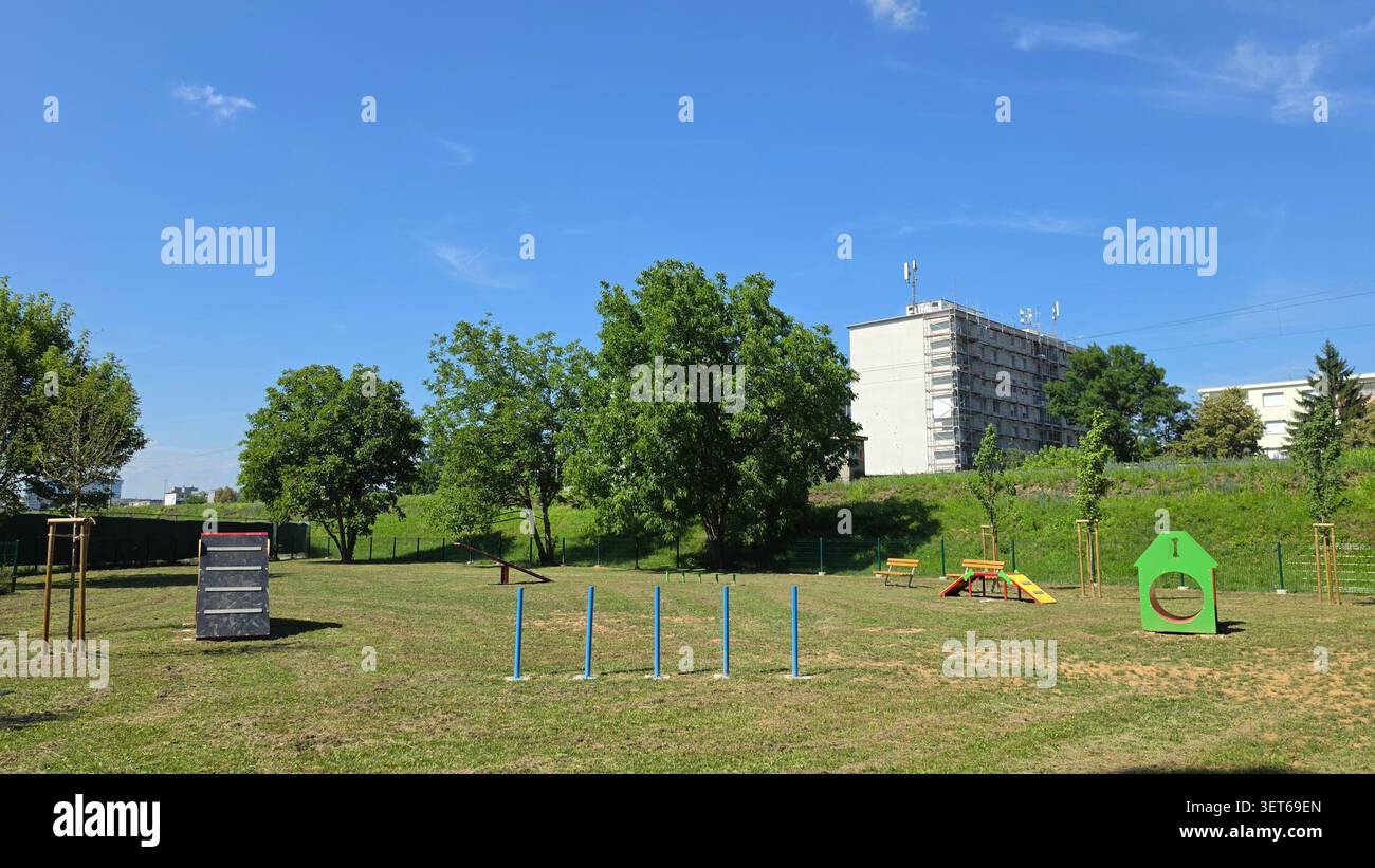 Una struttura recintata per l'addestramento dei canini dispone di pali da slalom, una rampa con telaio Ad A, un tunnel di gioco e un alveare sparso in un campo erboso sotto un blu brillante Foto Stock