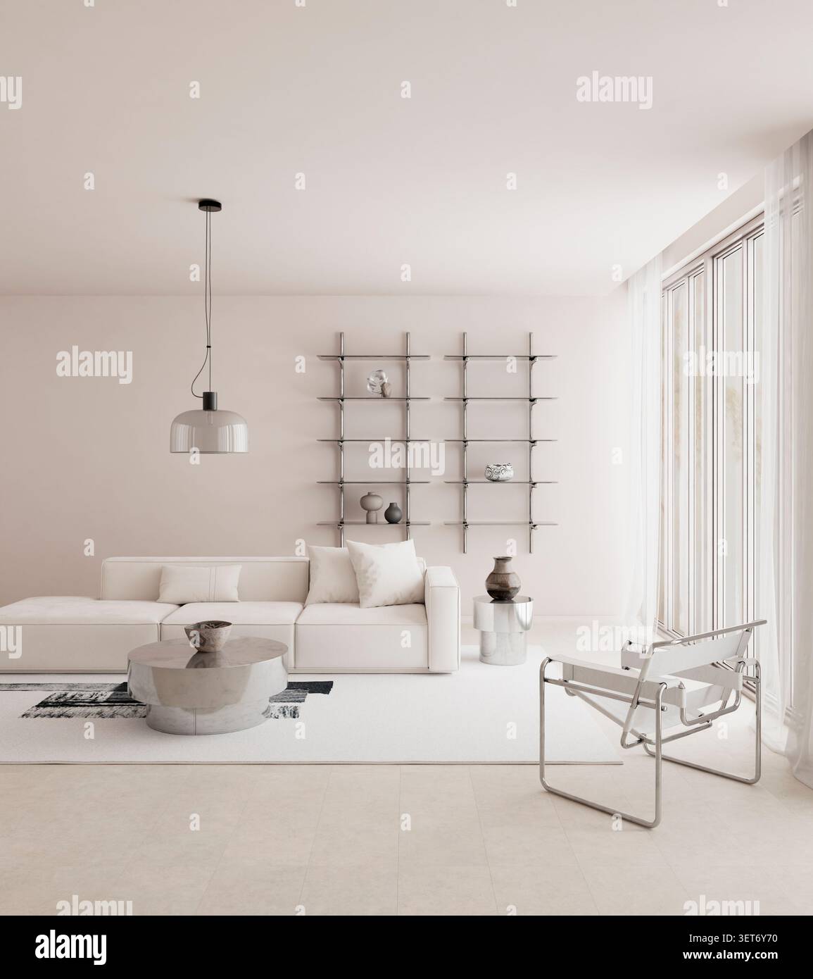 Spazio abitativo sofisticato con mobili bianchi di qualità, superfici in marmo, arredi contemporanei e ampio spazio negativo per un design versatile Foto Stock