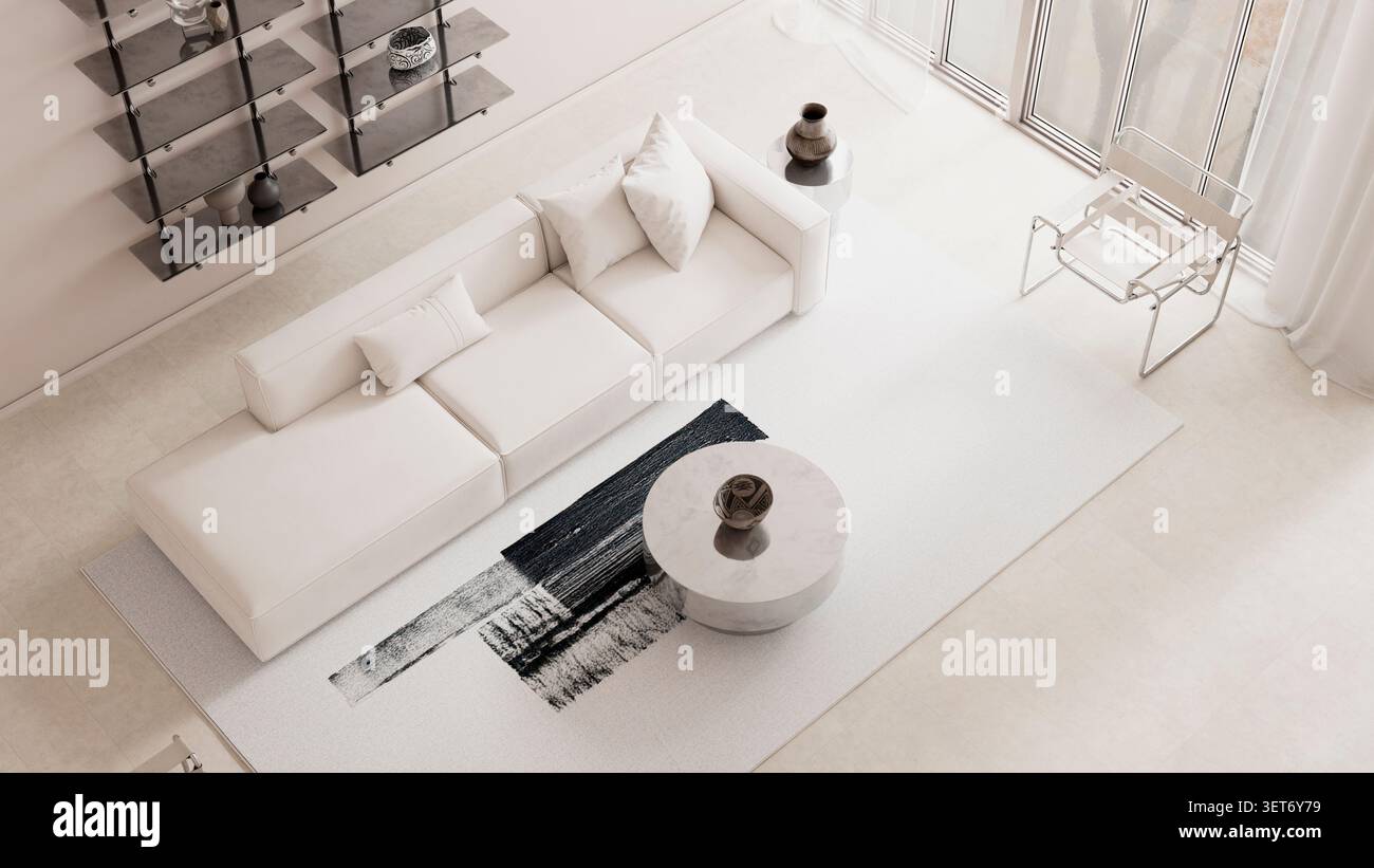 Vista dall'alto dell'elegante soggiorno con arredi neutri, accenti in marmo, decor minimalista e sofisticato stile contemporaneo degli appartamenti. Foto Stock