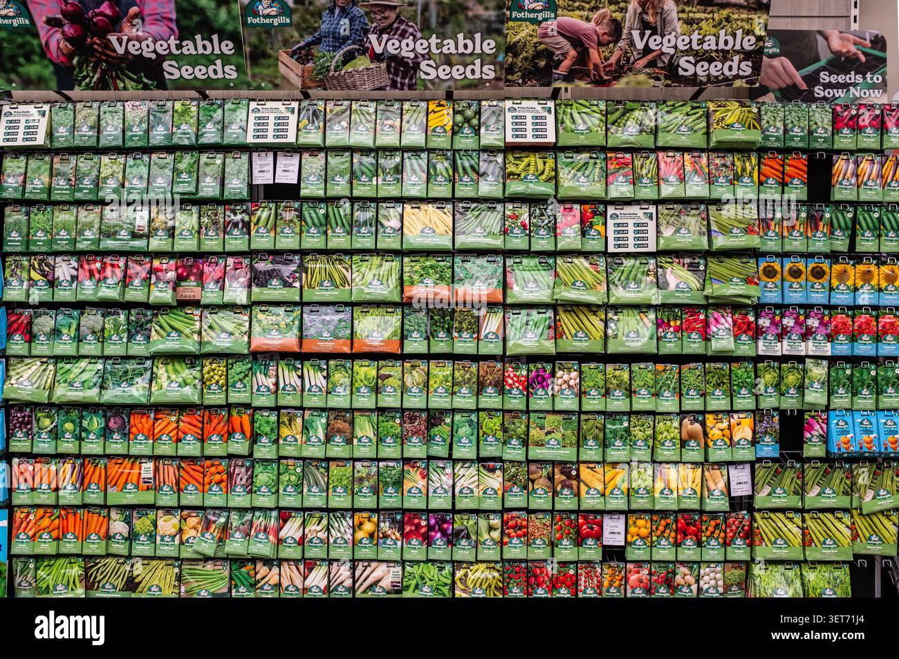 Coltivatori di ortaggi. Un muro di pacchetti di semi assortiti, Stansted Park Garden Centre, Rowlands Castle, Regno Unito. Foto Stock