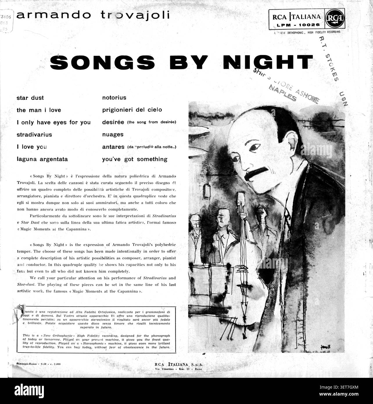 Copertina di disco LP del 1958 intitolata "Songs By Night" del pianista e compositore italiano Armando Trovajoli, pubblicata sotto l'etichetta RCA Italiana Foto Stock