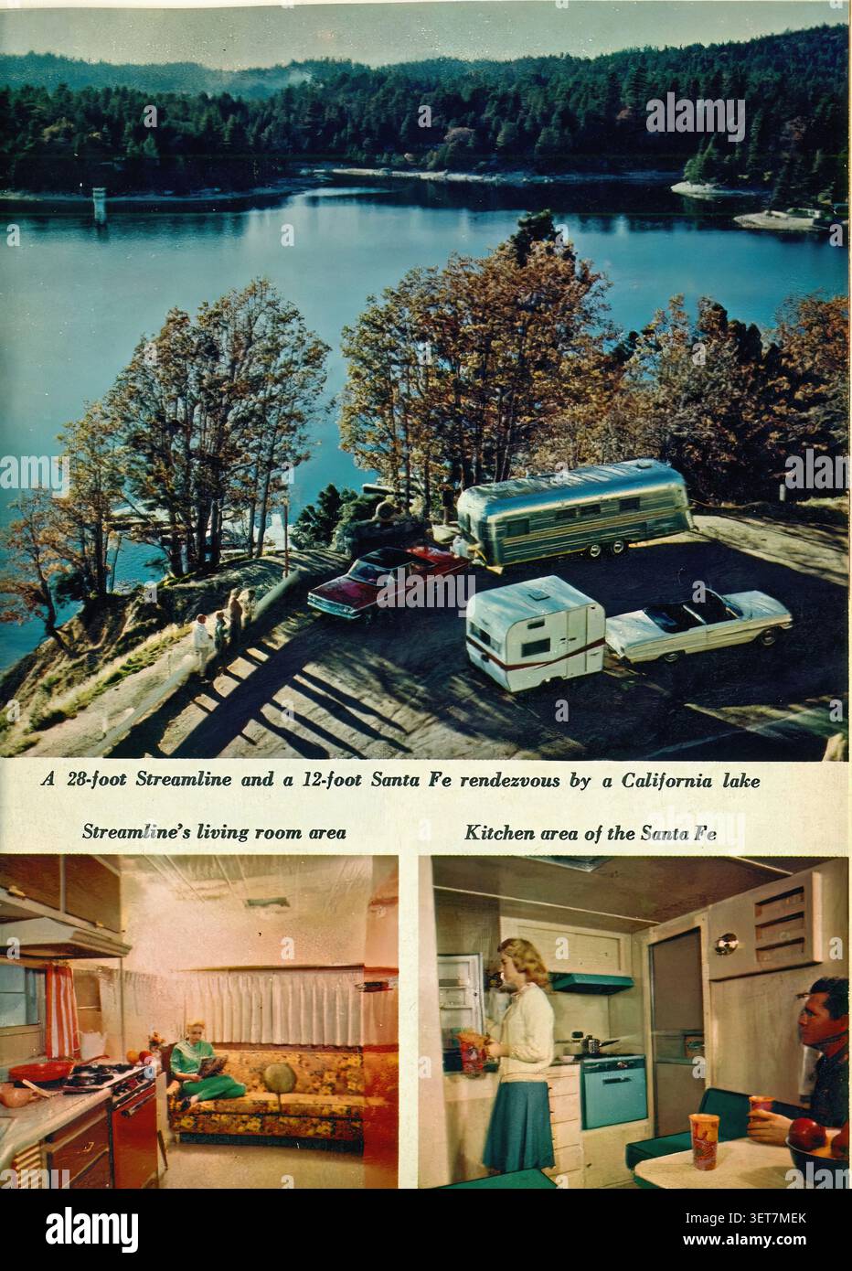 1964 Ford Galaxie 500 Hardtop a 2 porte con rimorchio Streamline da 28 piedi e cabriolet con rimorchio Sante Fe da 12 piedi - pubblicità di auto d'epoca Foto Stock