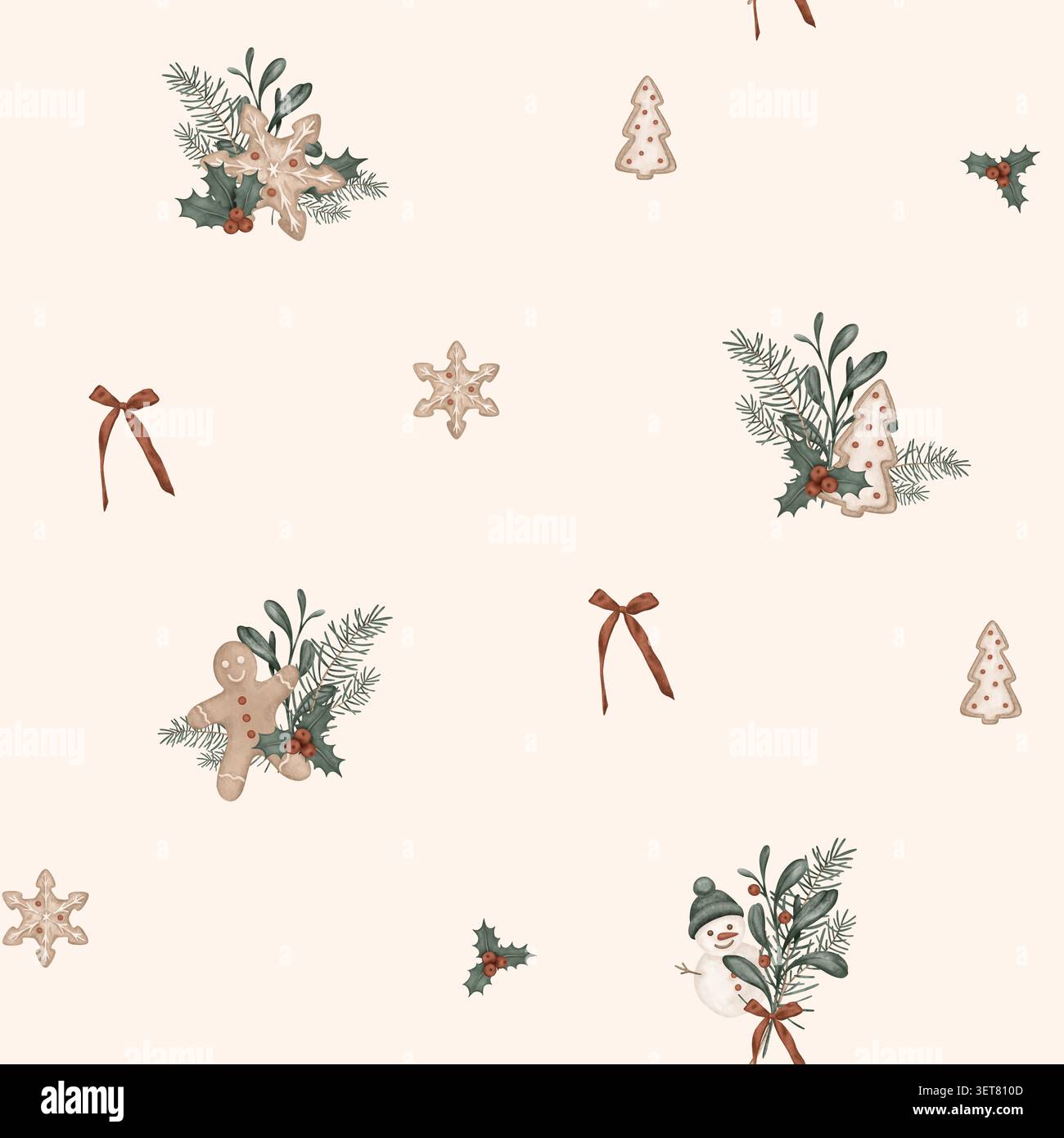 Motivo natalizio senza cuciture con simbolo Capodanno 2026, cavalli, rami di pino, per albero, arco. Ripeti l'ornamento con la figura holly e i bacche rosse Foto Stock