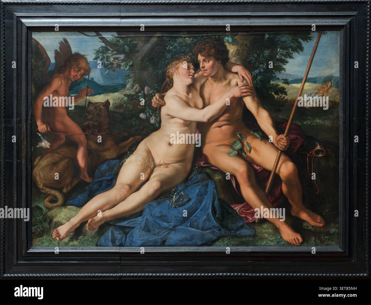 Venere e Adone di Hendrick Goltzius, 1614. Un capolavoro di arte barocca esposto al museo alte Pinakothek di Monaco, Germania. Raffigurante un mito Foto Stock