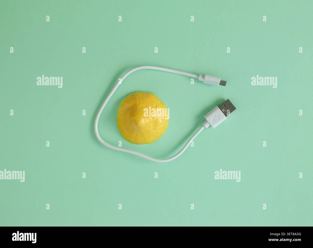 Immagine concettuale minimalista di una lampadina al limone collegata a un cavo di ricarica, che rappresenta energia rinnovabile, alimentazione, ricarica e tecnologia sostenibile Foto Stock