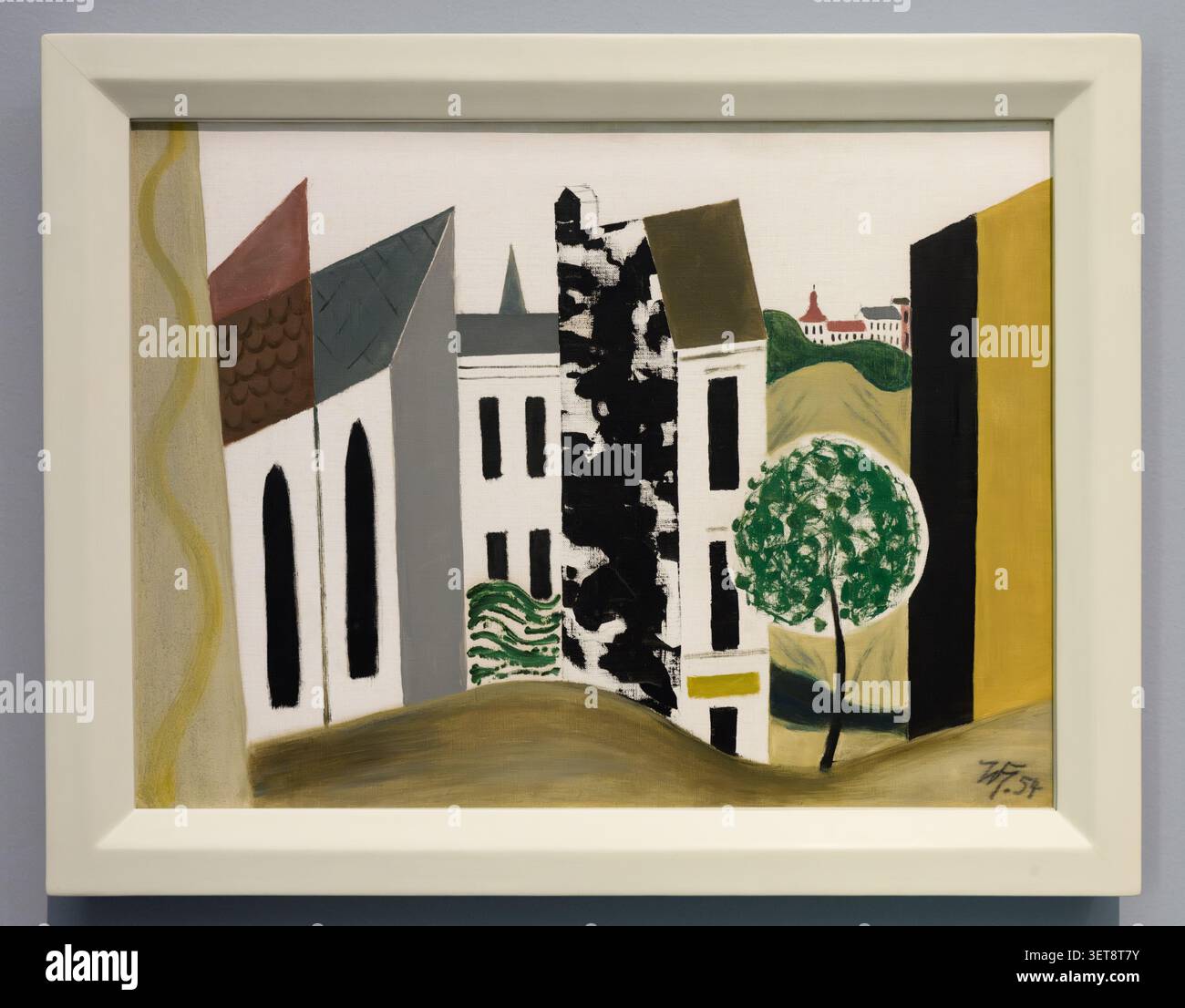 Case di pittura ad olio di Werner Heldt, 1954, con un paesaggio urbano geometrico stilizzato. Situato presso la Pinakothek der moderne di Monaco, Germania. Foto Stock