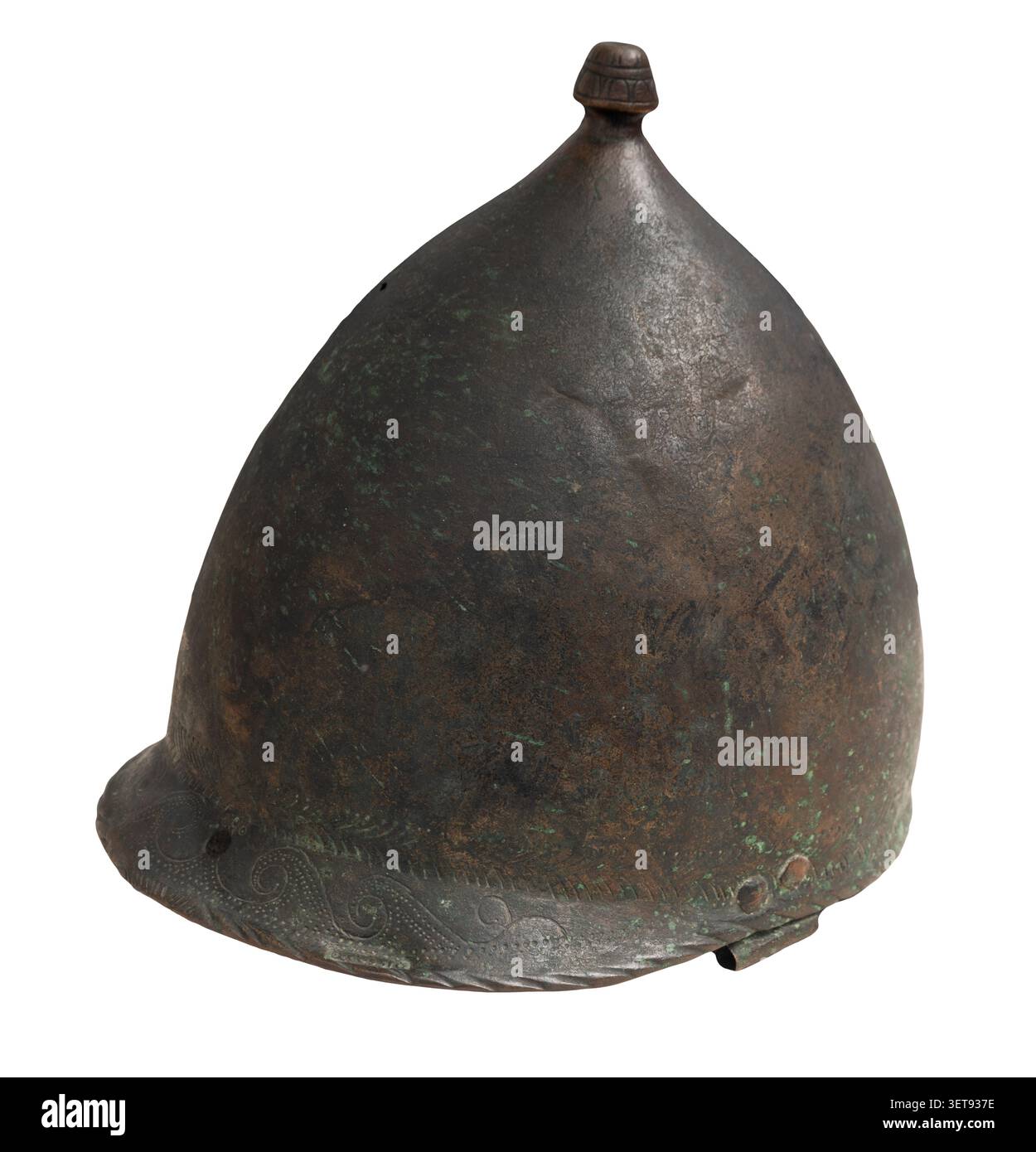 Elmetto romano in bronzo con iscrizione, IV secolo a.C. Origine: Rieti. Mostra allo Staatliche Antikensammlungen di Monaco, Germania. Foto Stock