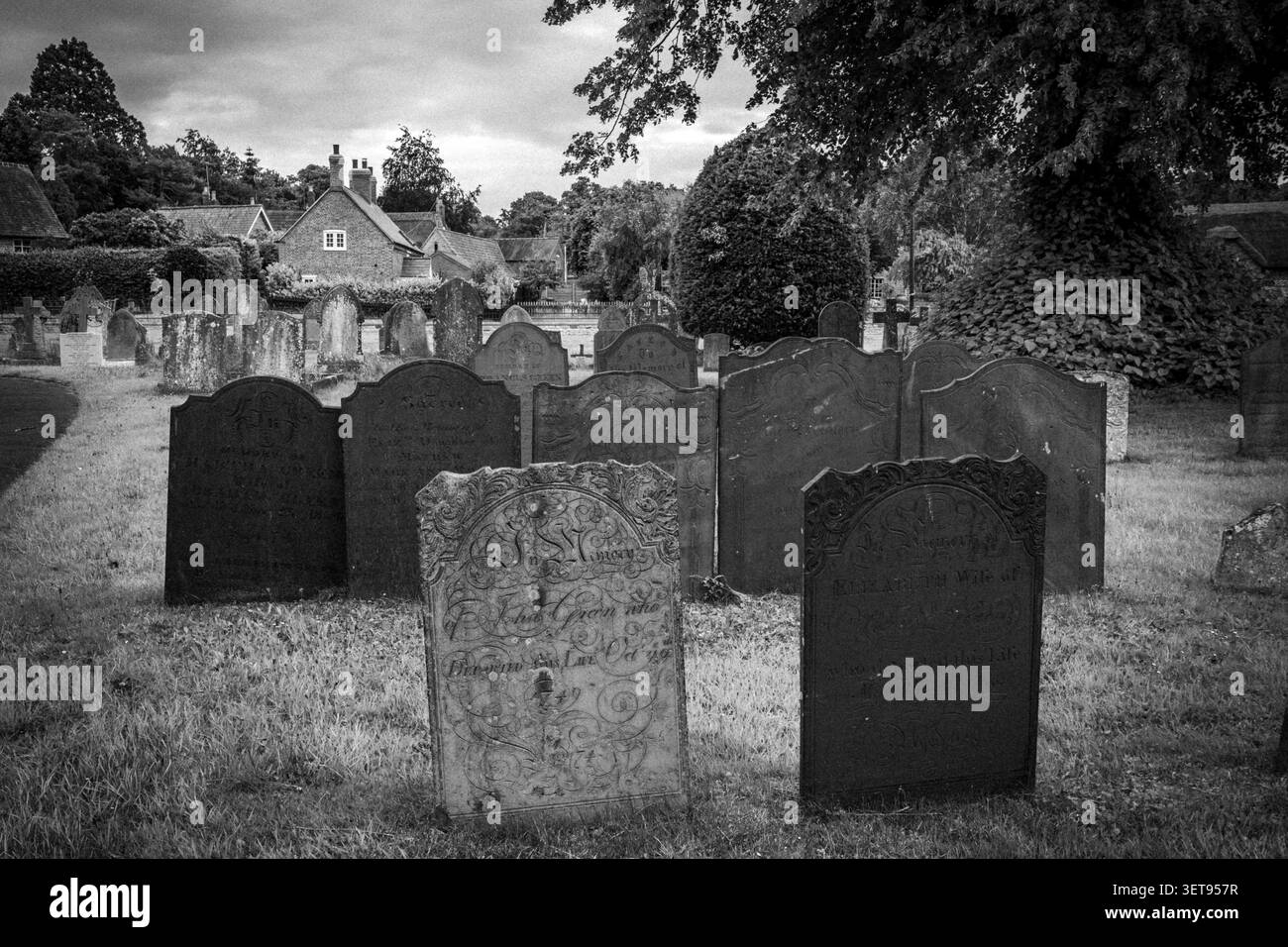 Tranquillo cimitero inglese con antiche lapidi, alberi maturi e prato verde sotto il cielo nuvoloso Foto Stock