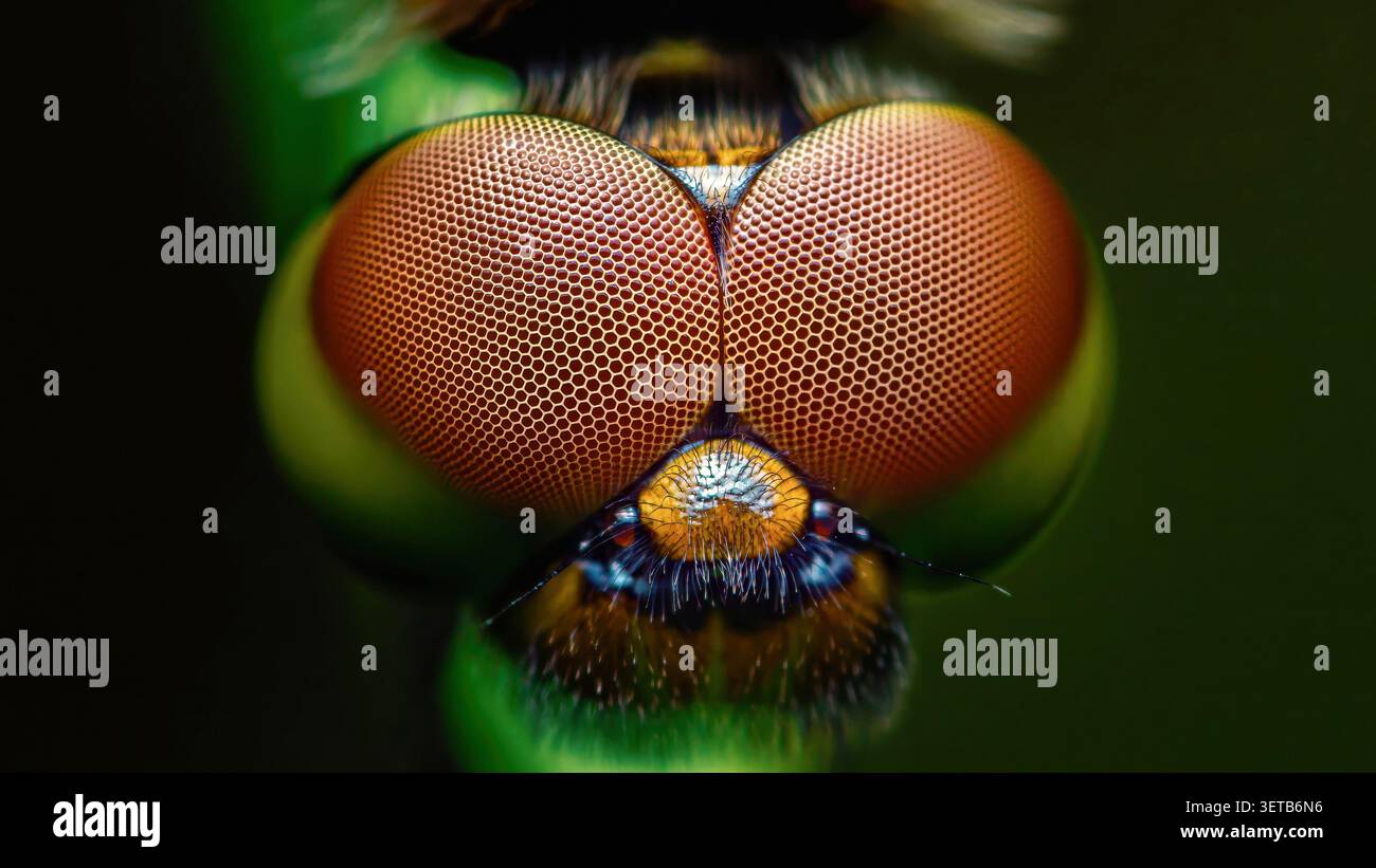 La testa di Dragonfly è stata catturata da vicino, concentrandosi su un complesso schema di migliaia di ommatidia che formano il suo occhio composto. Fotografia in Thailandia, Foto Stock