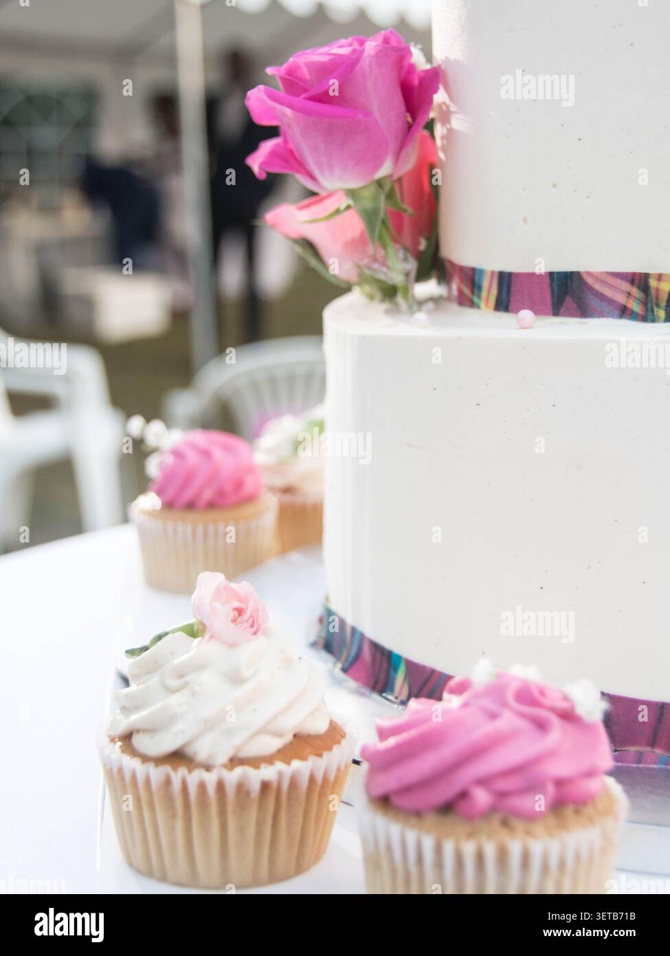 Elegante torta nuziale con rose rosa e cupcake decorati a un ricevimento di festa. Foto Stock