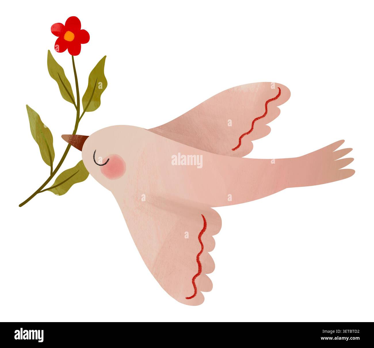 Grazioso uccello rosa che vola con fiore rosso in becco clip art a cartoni animati illustrazione disegnata a mano per il monitoraggio del periodo del calendario del potere delle ragazze e poster del benessere des Foto Stock