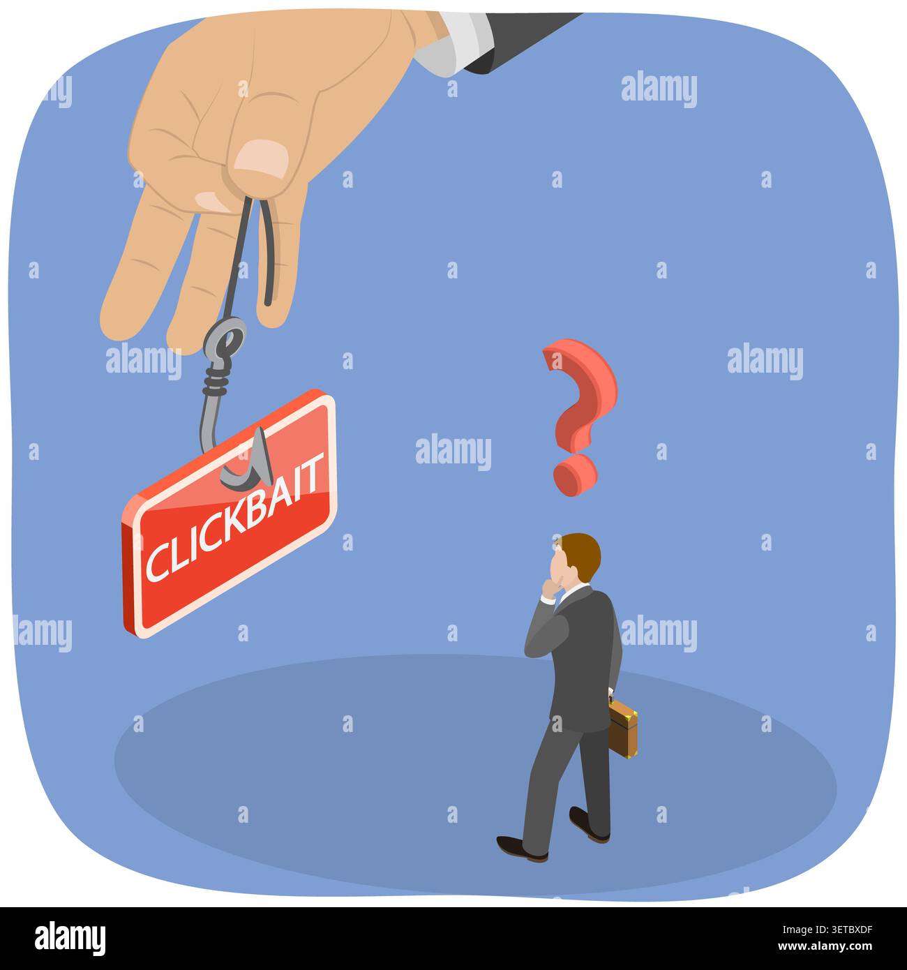Illustrazione piatta isometrica 3D di Click Bait, Fishing Hook e Click Button Foto Stock