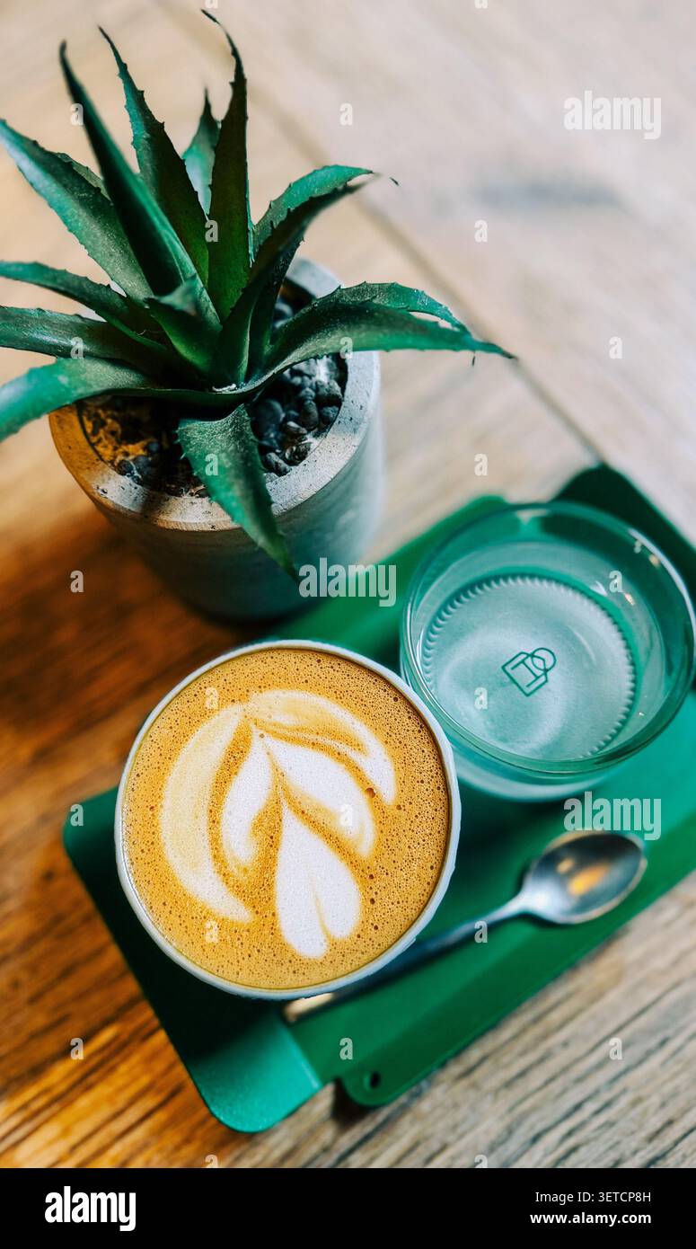 Caffè con latte art servito su un vassoio accanto ad una pianta succulenta e un bicchiere d'acqua su un tavolo di legno in un moderno caffè Foto Stock