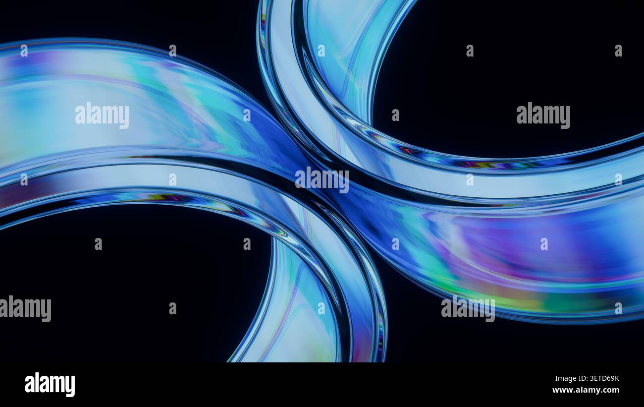 Anelli in vetro iridescente con dispersione luminosa su sfondo scuro. Atmosfera elegante e futuristica, ideale per progetti tecnologici, di branding di lusso o di arte digitale. 3D. Foto Stock