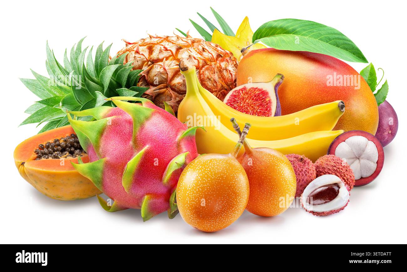 Raccolta di frutta esotica tropicale fresca, tra cui ananas, mango, banana e altri, isolata su sfondo bianco. Tracciato di ritaglio. Foto Stock