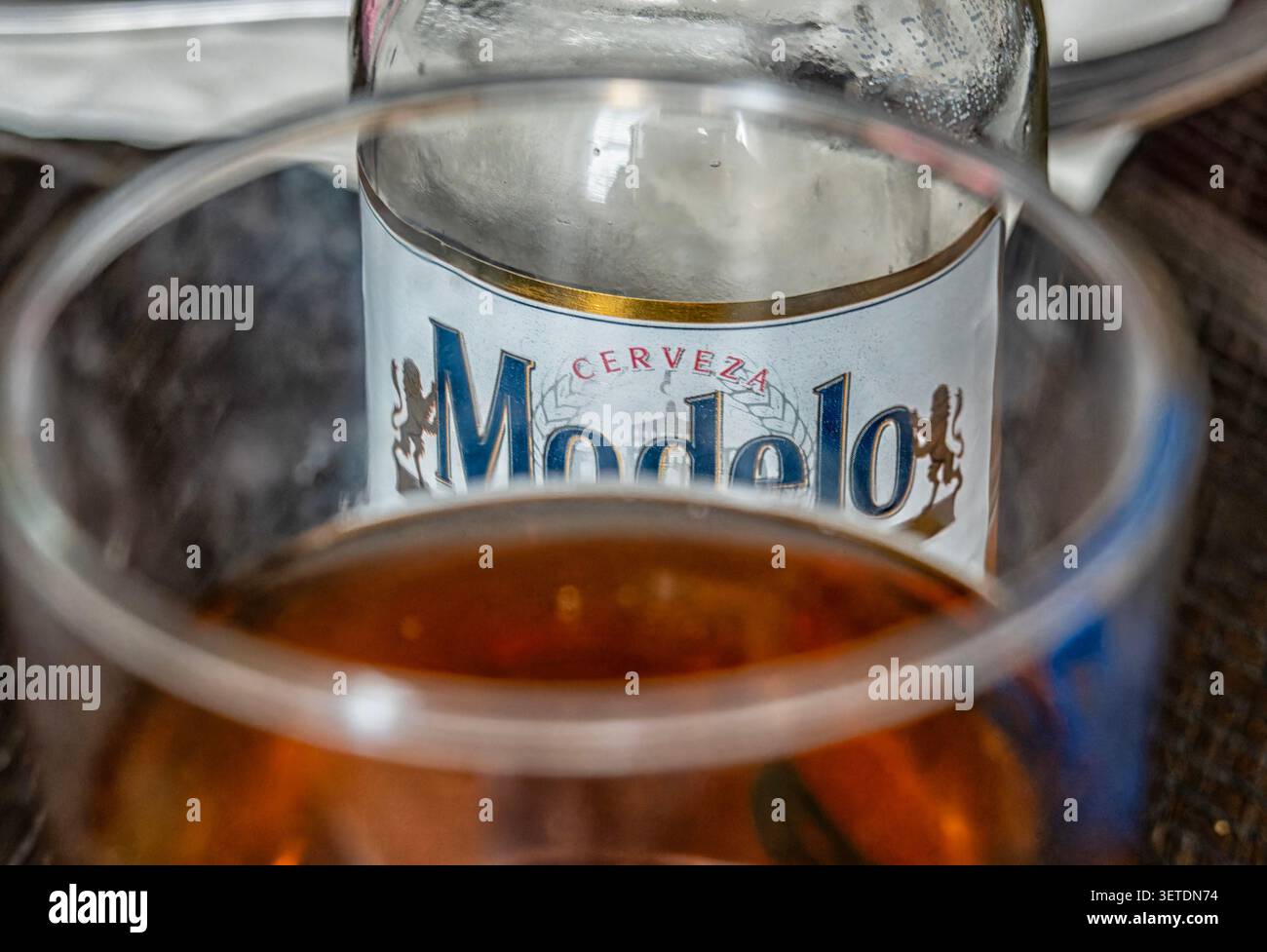 Un bicchiere e una bottiglia di birra lager Foto Stock