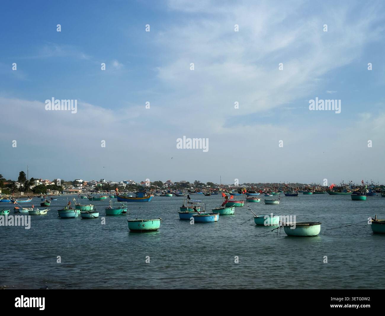 Una vista panoramica delle iconiche barche a cesto tondo e dei tradizionali pescherecci ancorati nelle calme acque del porto sotto un cielo blu. Il villaggio costiero è - Immagine stock catturata con smartphone
