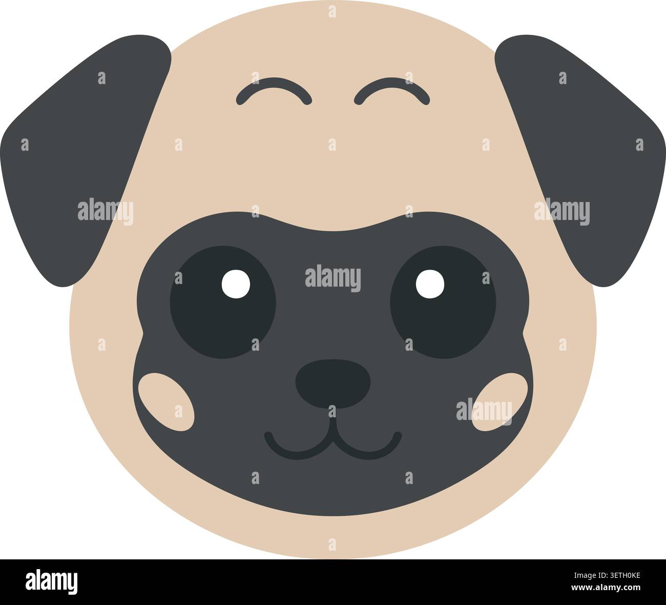 Illustrazione piatta di un viso tondo di cane da cucciolo con orecchie floppy, museruola scura e un'espressione sorridente Illustrazione Vettoriale