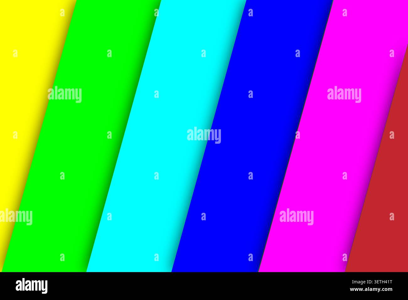 Strisce diagonali di colori vivaci: Giallo, verde, ciano, blu, magenta, e rosso. Effetto stratificato con ombre. Sfondo energico e divertente. Illustrazione Vettoriale