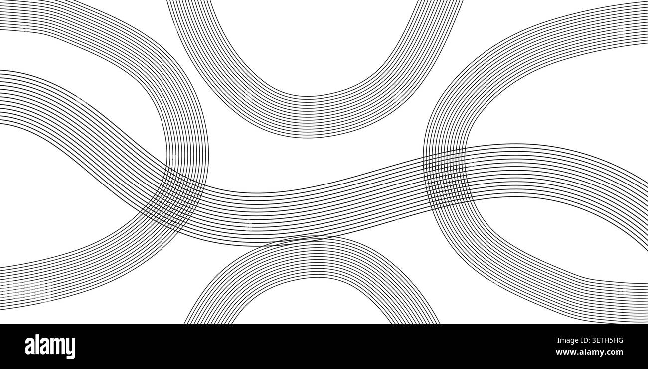 Sfondo astratto minimalista con linee curve sovrapposte che creano forme fluide su una tela bianca pulita, per un'armonia visiva. Illustrazione Vettoriale