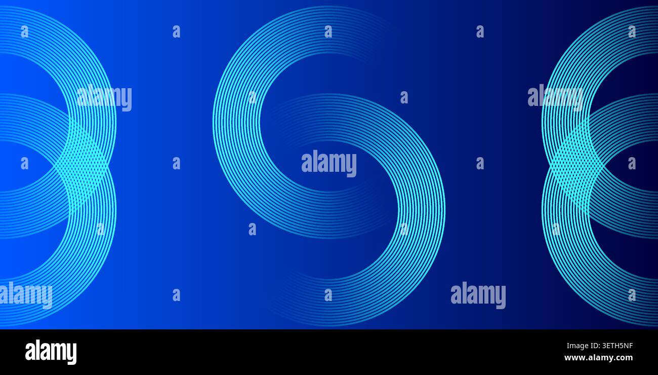 Carta da parati blu neon astratta con linee curve luminose, arte digitale high-tech con motivi geometrici, brillante effetto bagliore per pre-tecnologia Illustrazione Vettoriale