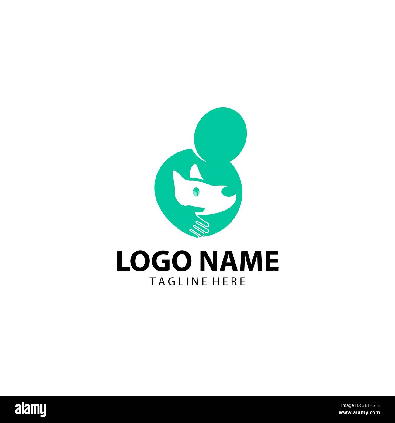 Modello di design del logo per la cura degli animali domestici. Logo persone con cane con disegno in stile linea illustrazione vettoriale grafica. Simbolo, icona, creatività. Illustrazione Vettoriale