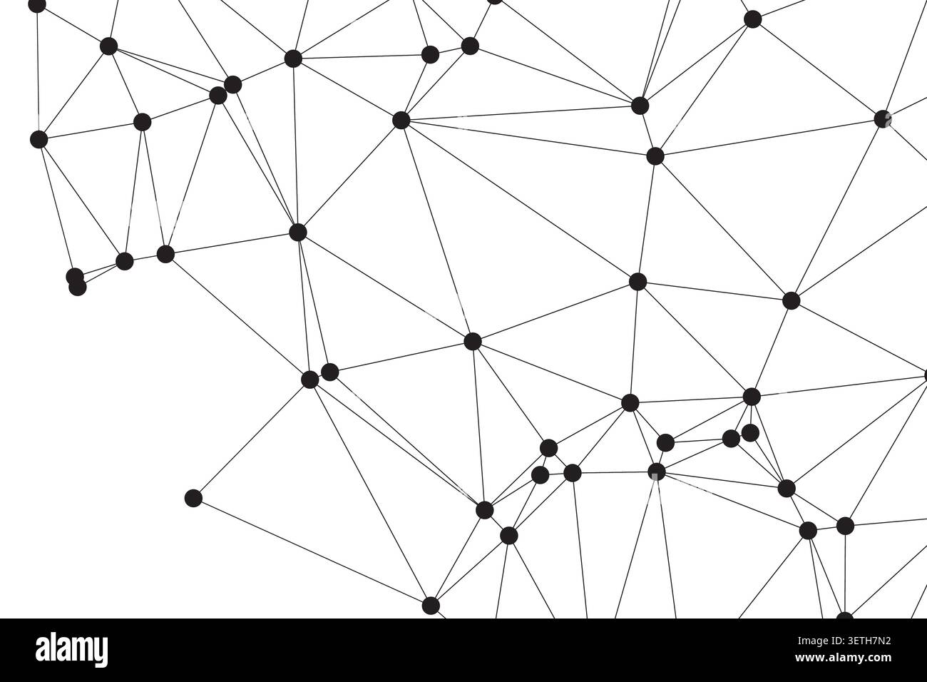 Punti interconnessi che formano una mesh geometrica complessa. Perfetto per blog tecnologici e background scientifici. Lo spazio bianco pulito consente l'inserimento di pla di testo Illustrazione Vettoriale