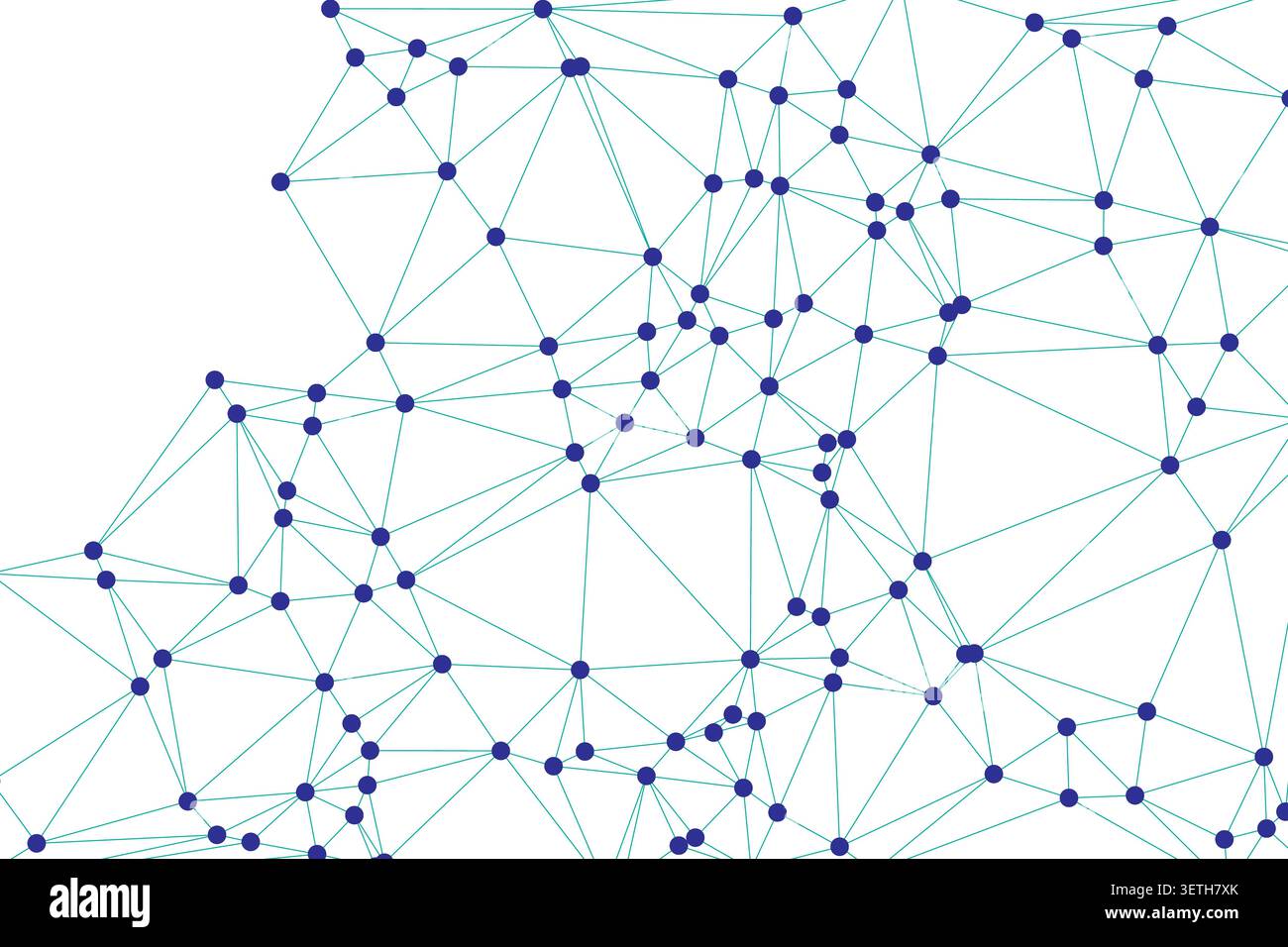 Rete geometrica astratta con punti blu e linee turchesi. Background tecnologico moderno che mostra connettività e flusso di dati. Illustrazione Vettoriale