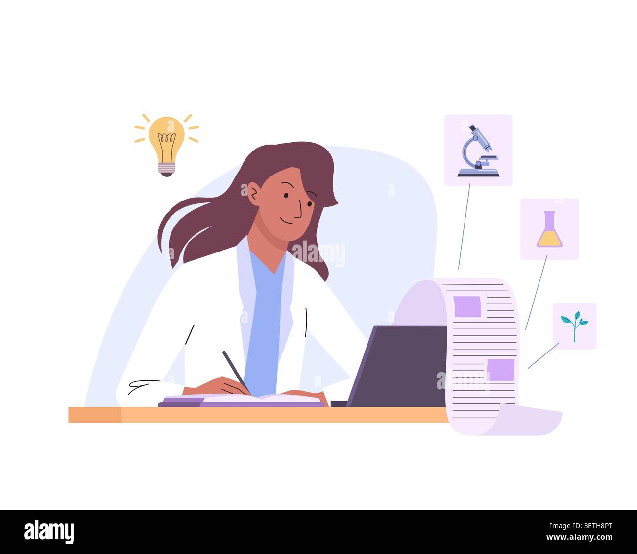 Dottoressa donna che scrive un articolo scientifico. Studio dei dati, relativo alla salute, epidemiologia, analisi dei focolai. Scienziata medica donna con laptop che lavora a. Illustrazione Vettoriale