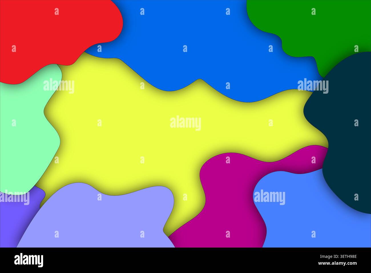 Sfondo colorato in carta astratta con forme vivaci e fluide in varie tonalità come rosso, blu, verde, giallo, viola, e menta, creando un en Illustrazione Vettoriale