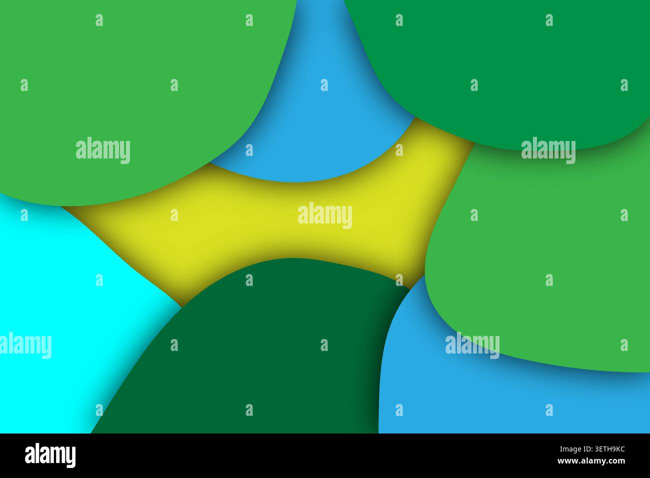 Composizione astratta con cerchi sovrapposti in verde, blu e giallo. Le ombre morbide creano profondità, design moderno, sfondo divertente e colori vivaci. Illustrazione Vettoriale