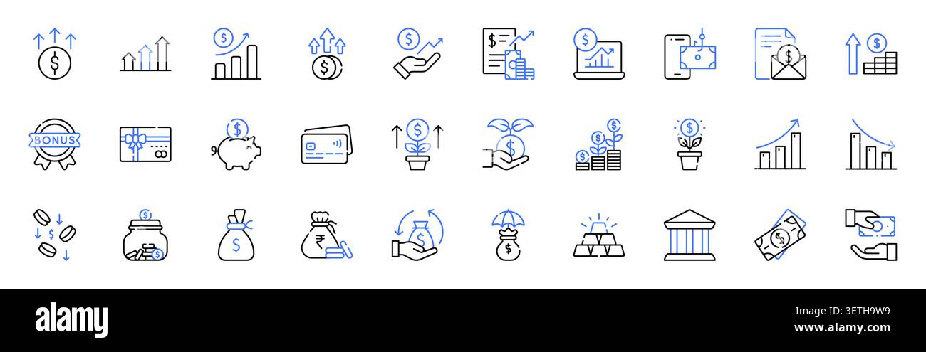 Le icone Income Growth (crescita del reddito), Financial Profit (profitto finanziario) e Investment Line (linea di investimento) Set Editable Stroke Vector Illustration Illustrazione Vettoriale