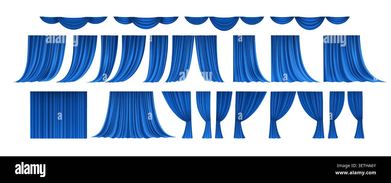 Lussuose tende da teatro in ricco velluto blu. Drappi realistici con tessuti eleganti per cinema, opera, casinò o spettacoli di broadway bac Illustrazione Vettoriale