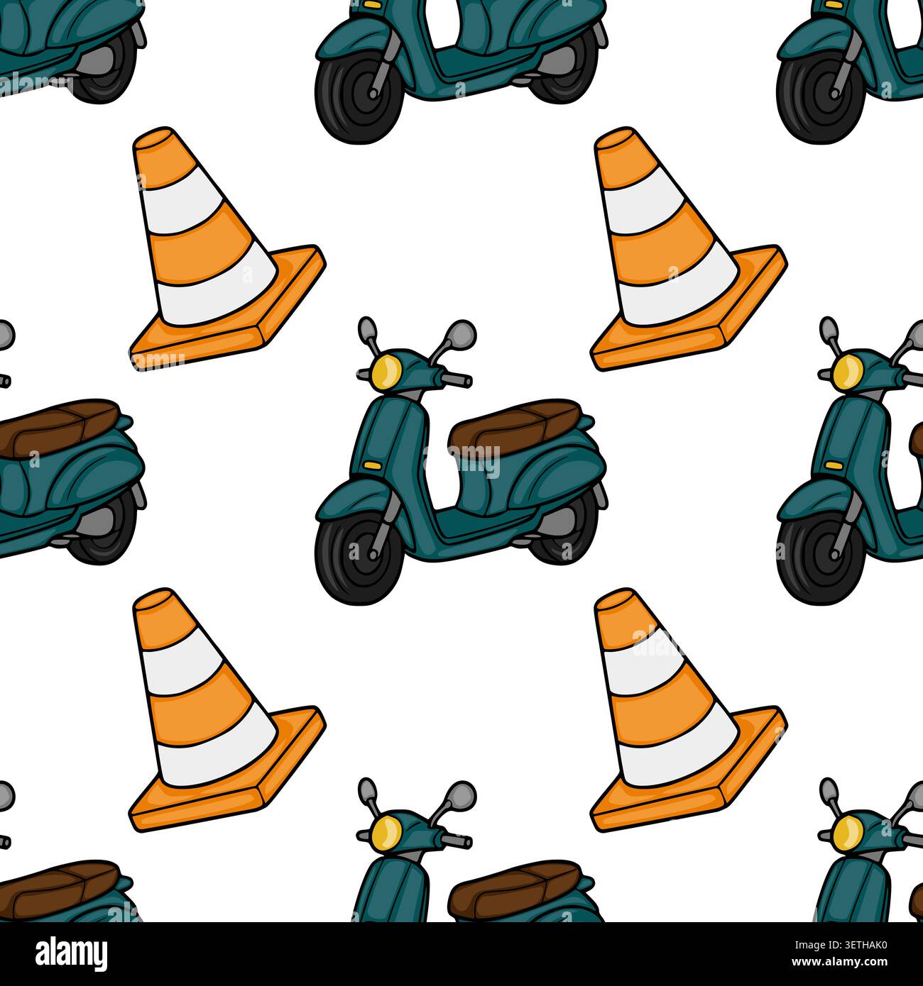 Modello vettoriale senza cuciture di scooter vintage color verde acqua e coni stradali arancioni Illustrazione Vettoriale