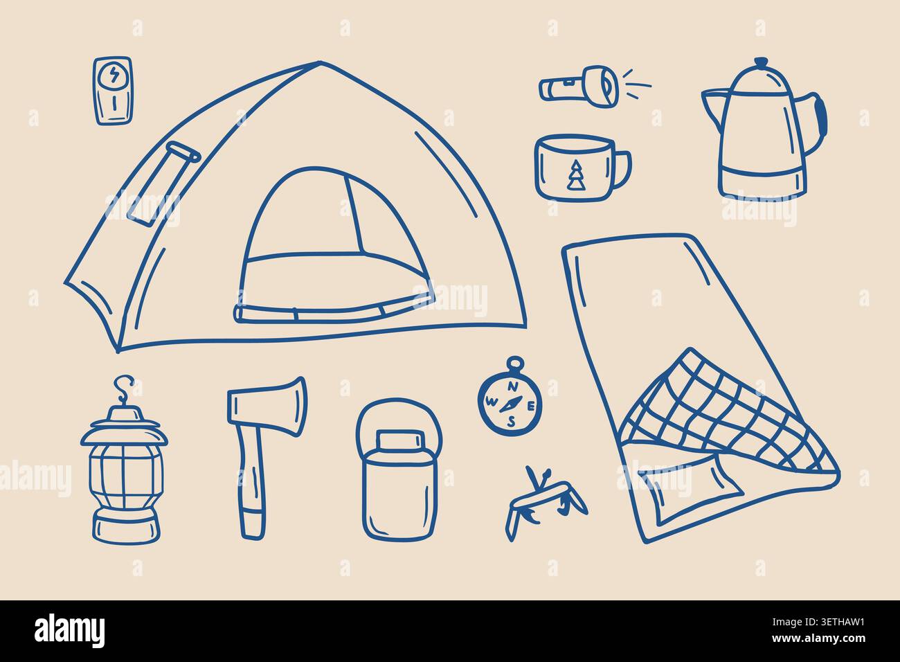 Attrezzatura da campeggio disegnata a mano e set di doodle per l'avventura all'aperto Illustrazione Vettoriale