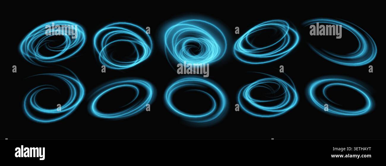 Turboli di luce al neon blu luminosi con effetti radianti creano un movimento circolare dinamico su uno sfondo scuro, perfetti per design tecnologici e digitali astratti Illustrazione Vettoriale