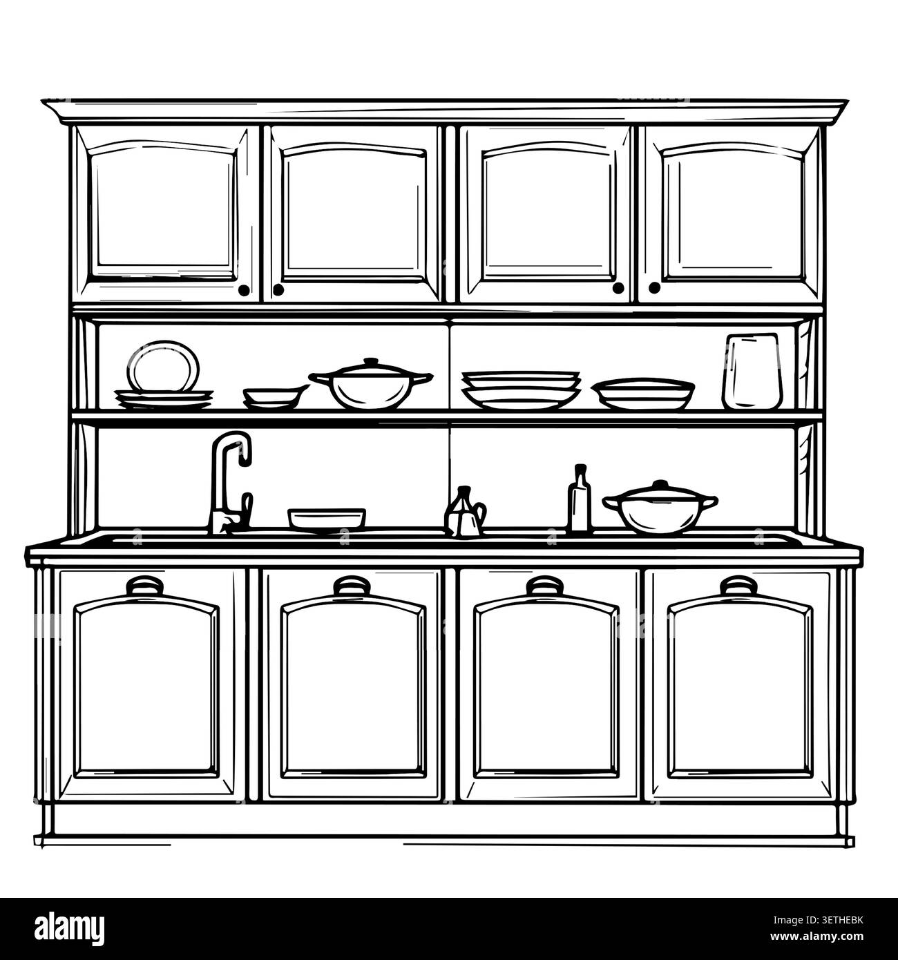 Armadietto da cucina con ripiani aperti, piatti, lavello e bollitore, disegno in bianco e nero di Vector. Il disegno è isolato dallo sfondo.per c Illustrazione Vettoriale