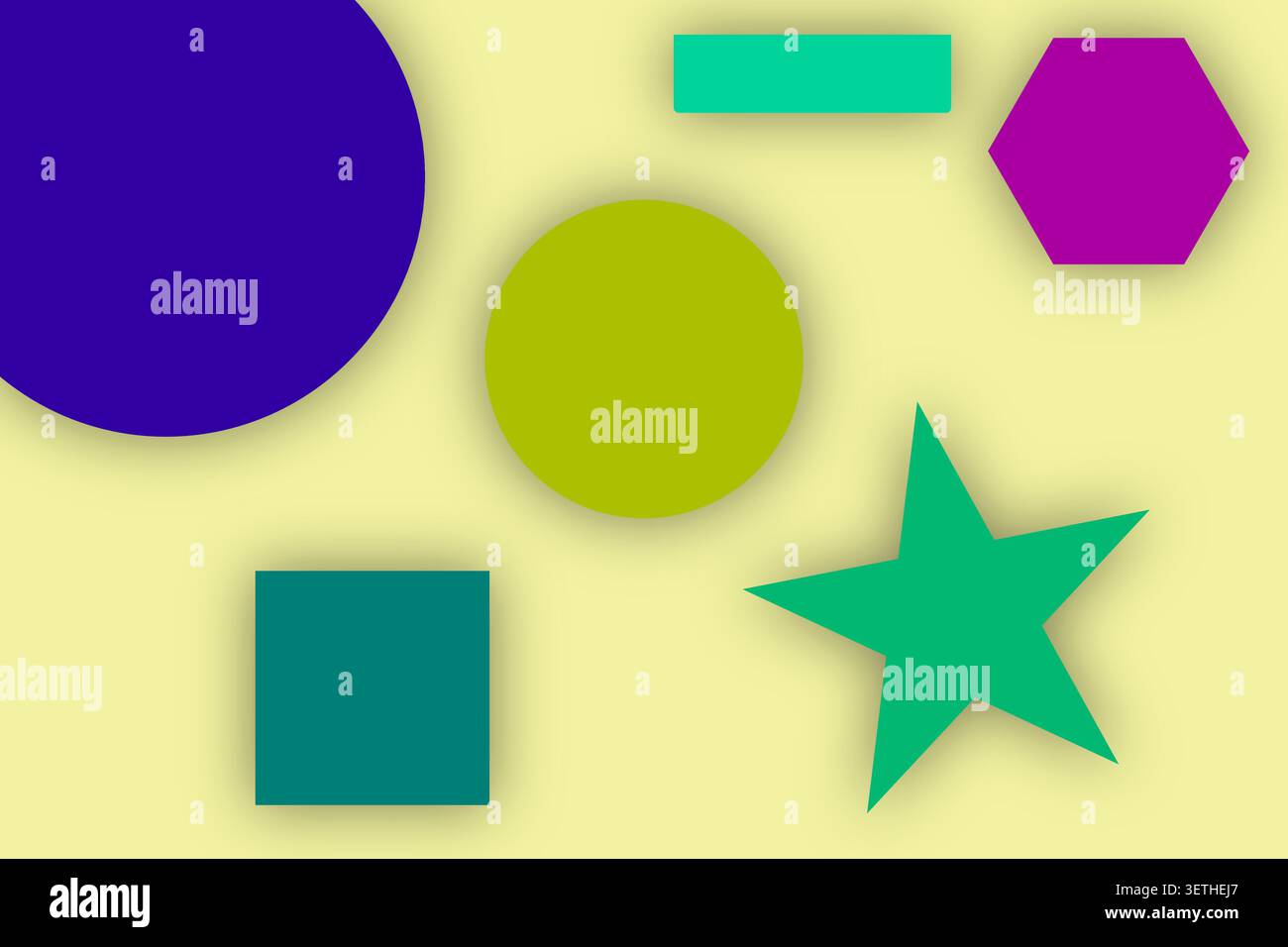 Forme geometriche colorate come cerchi, quadrati, stelle, esagoni e rettangoli con ombre morbide e design piatto astratto. Illustrazione Vettoriale