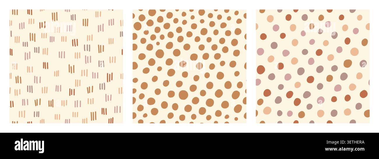 Set di motivi bohémien con trattini e punti disegnati a mano in tonalità neutre. Design minimalista senza cuciture, perfetto per tessuti, tessuti, carta da parati, carta da rivestimento, abbigliamento e arredamento per bambini Illustrazione Vettoriale