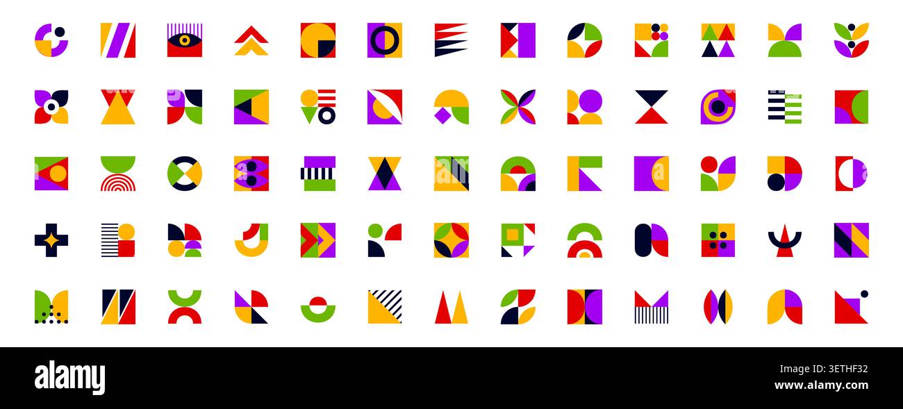 Elementi geometrici, forme vettoriali astratte con colori vivaci, quadrati, cerchi, figure a triangolo e petali dalle linee pulite. Blocchi di mosaico, elementi grafici retrò moderni e figure brutali Illustrazione Vettoriale