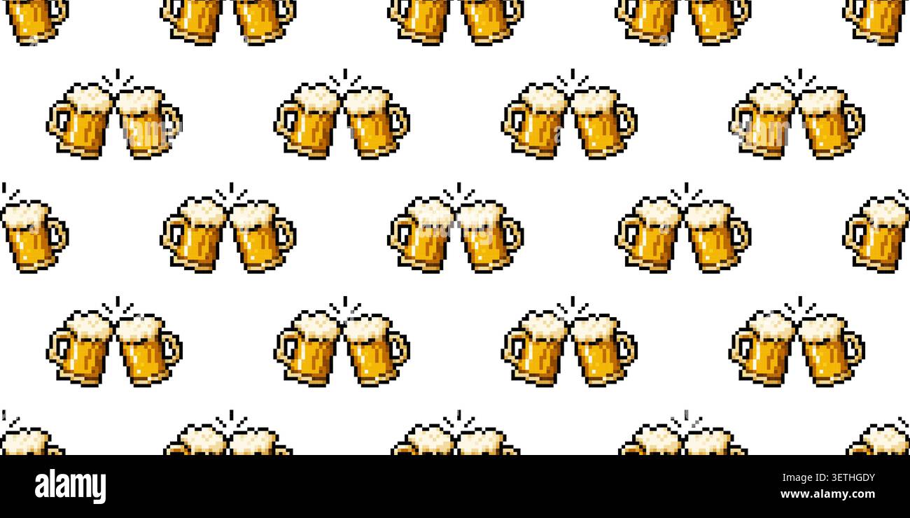 Motivo pixel senza cuciture con tazze da birra per festeggiamenti a tema birreria e illustrazioni di giochi retrò Illustrazione Vettoriale