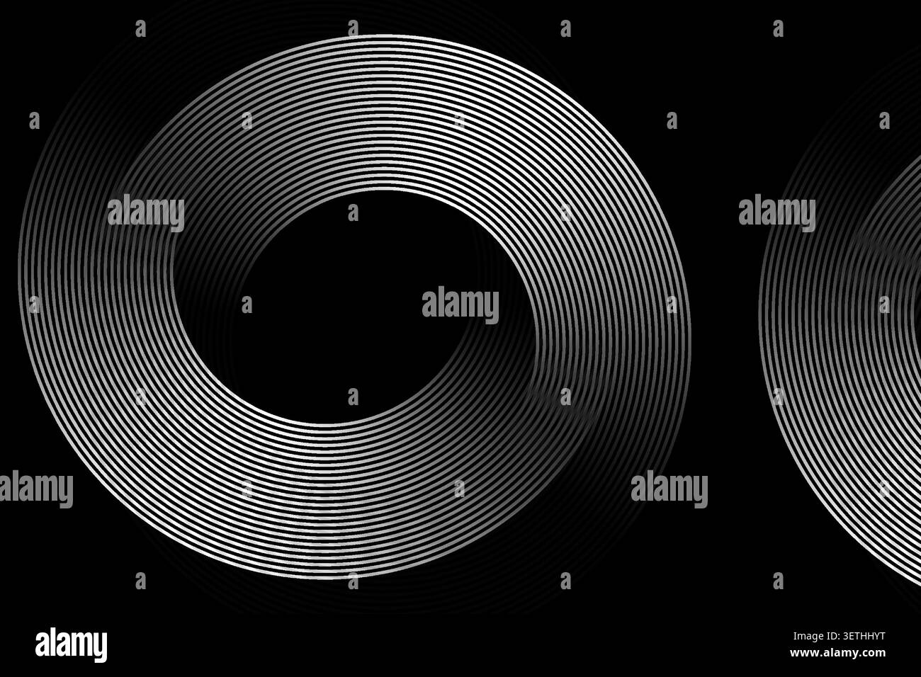 Linee vorticose che creano forme astratte a spirale su sfondo nero, movimento dinamico, design circolare, arte moderna, grafica pulita Illustrazione Vettoriale