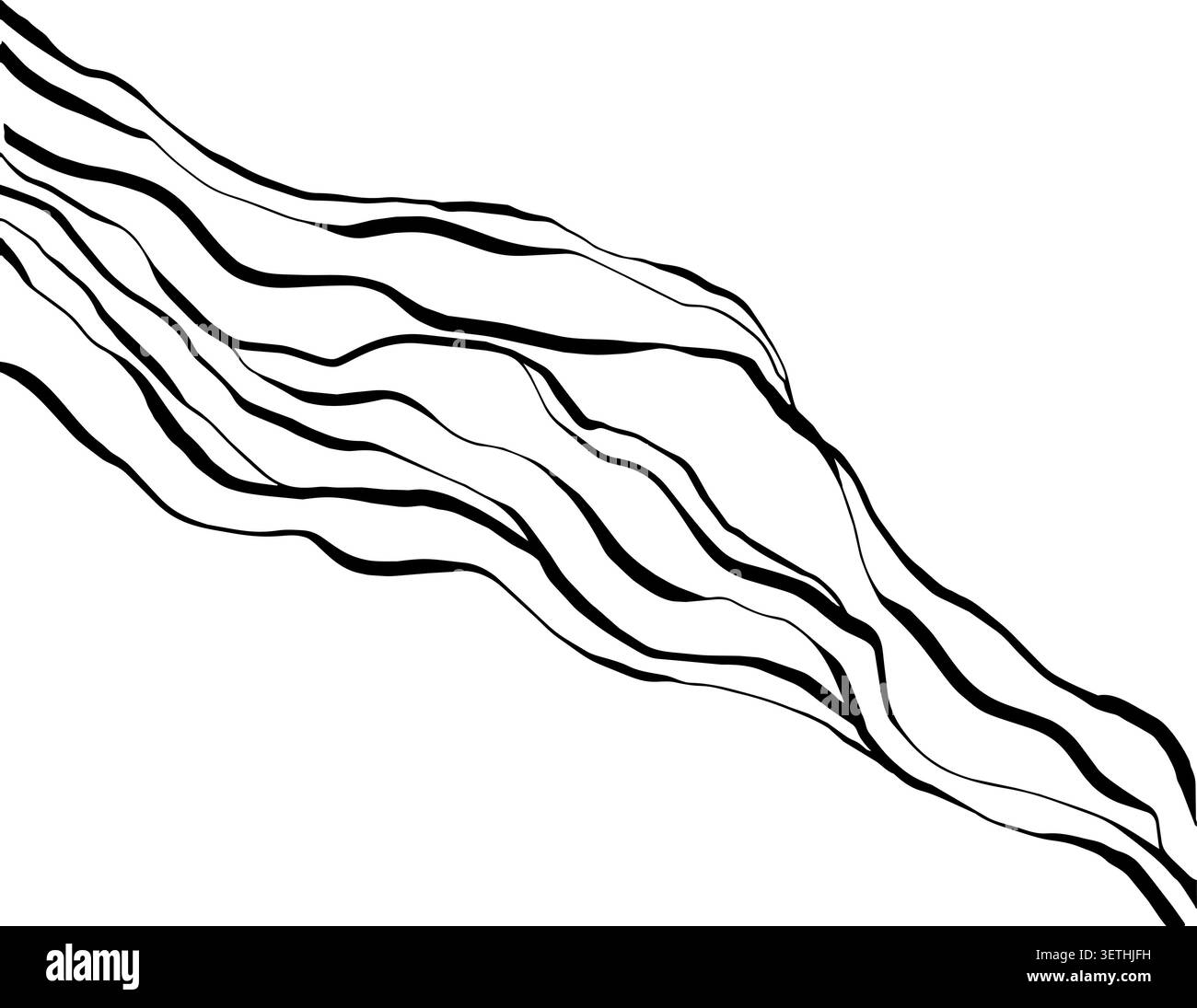 Linee nere ondulate astratte che fluiscono diagonalmente su uno sfondo bianco, creando un semplice motivo minimalista con movimento, contrasto e modernità Illustrazione Vettoriale