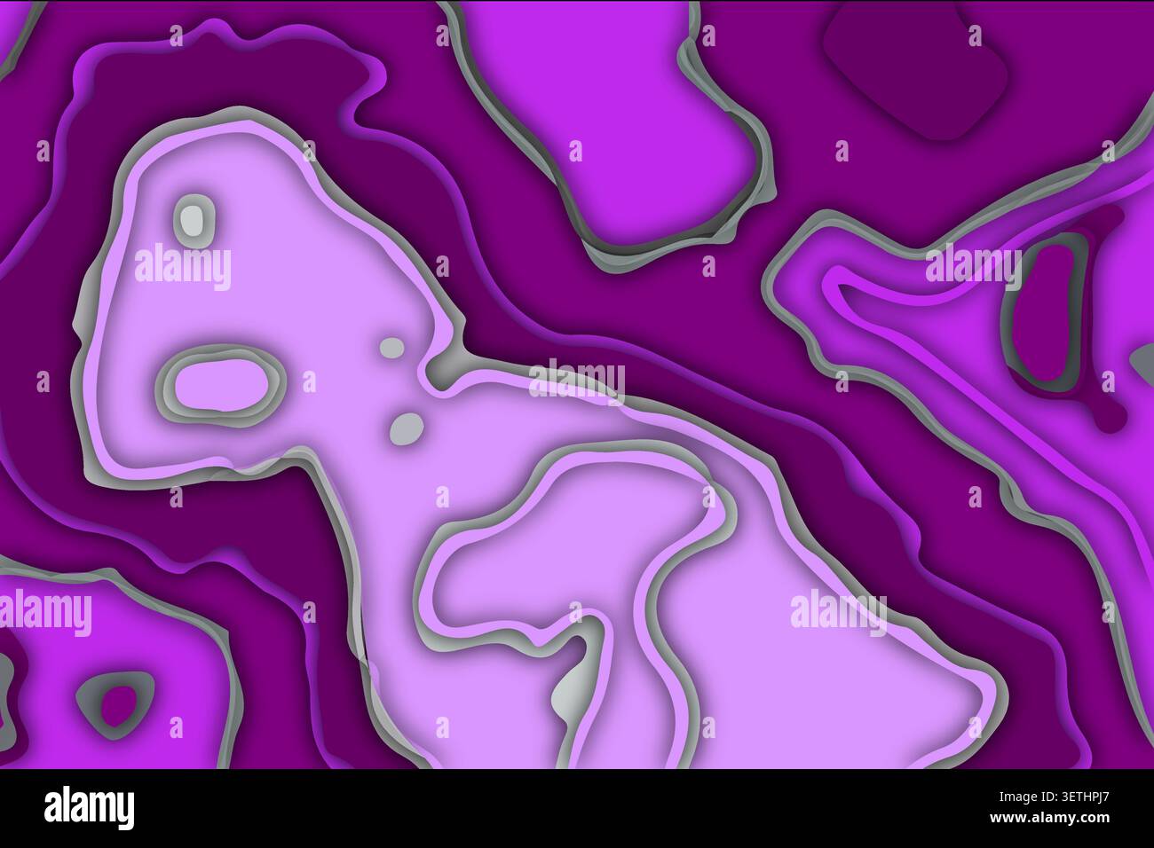 Sfondo dinamico astratto viola e rosa con forme organiche a strati con ombre morbide, che creano una mappa fluida e topografica come un design. S Illustrazione Vettoriale