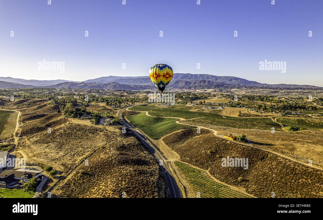 Veduta aerea di una colorata mongolfiera che galleggia sulle colline ondulate e sui vigneti di Temecula, California, Stati Uniti. Foto Stock