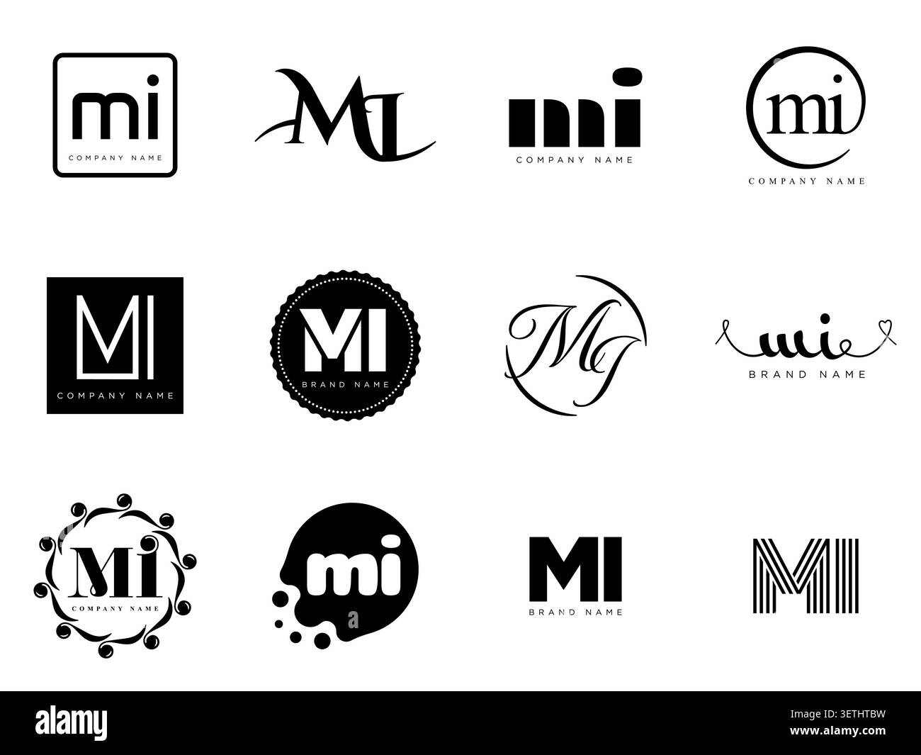 Modello dell'azienda del logo MI. Logotipo M e i. Imposta diverse lettere serif classiche e testo moderno in grassetto con elementi di design. Tipog font iniziale Illustrazione Vettoriale