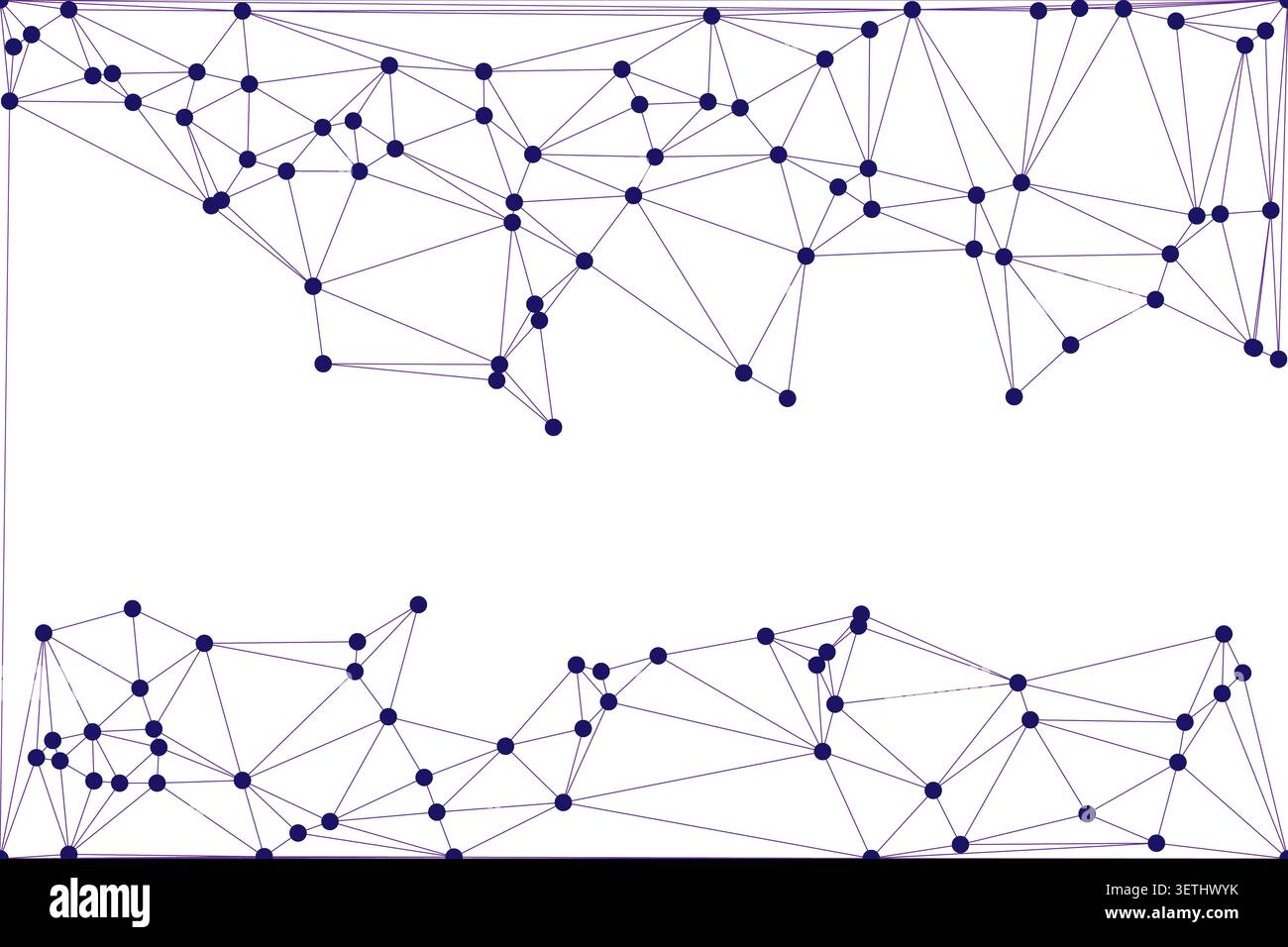 Rete geometrica di linee viola e punti blu su sfondo bianco. Visualizzazione dei dati astratti o concetto di connessione con elementi sparsi. Illustrazione Vettoriale
