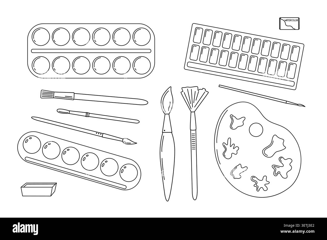 Dipinge scatole e pennelli fornitura artistica semplice contorno illustrazione disegnata a mano, materiale di pittura per bambini, oggetto fisso scolastico, concetto di ritorno a scuola, strumento di pittura per hobby, artigianato, disegno, clipart Illustrazione Vettoriale