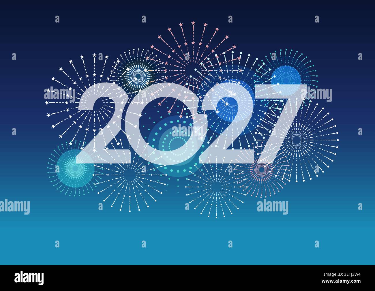 Il logo dell'anno 2027 e fuochi d'artificio celebrativi con spazio per il testo su uno sfondo di cielo notturno blu. Illustrazione vettoriale. Illustrazione Vettoriale